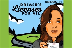 [ai] An illustration of a woman holding a driver's license, with a scenic background of rolling hills and clouds. The text reads 'Driver's Licenses for All' and 'UNIDOS MN'.